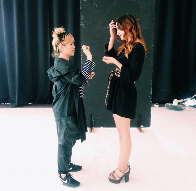 Marie Claire's Fashion Ed, Kelly Fung getting me ready for my shoot.